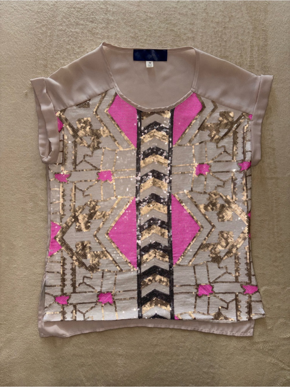 Blue Rain Cream and Pink Sequin Geometric Short Sleeve Top